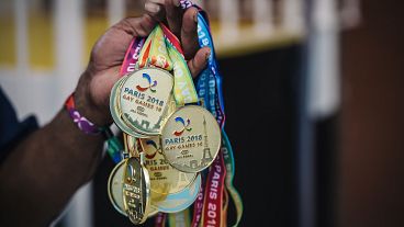 Medals on show at the 10th edition of the international Gay Games in Paris, 2018