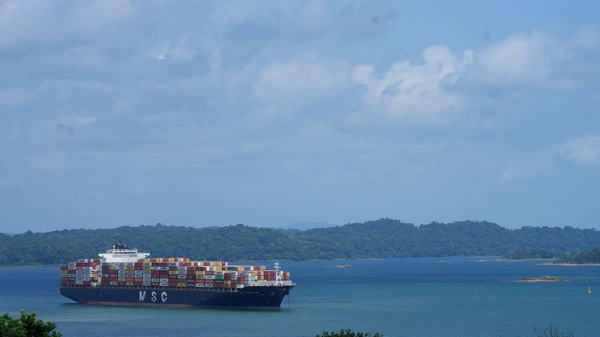 A cargo ship waits on Gatun lake, for its transit through the Agua Clara locks of the Panama Canal in Agua Clara, Panama, Thursday, Aug. 3, 2023. 