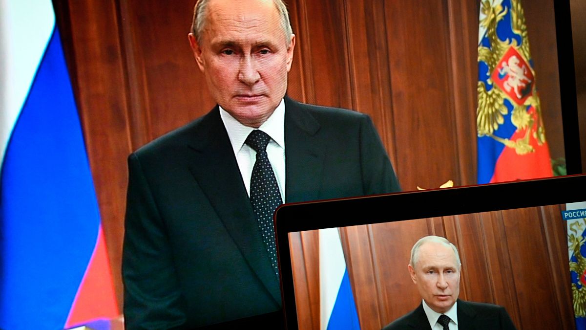 Vladimir Putin discursa perante a nação após o motim de Yvgeny Prigozhin, junho de 2023.