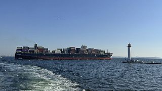 Das Containerschiff verlässt den Hafen von Odessa