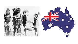 نقشه و پرچم استرالیا در کنار عکسی از بومیان این کشور