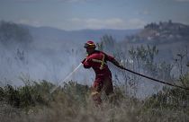 رجل إطفاء يعمل على إخماد النيران في حرائق الغابات