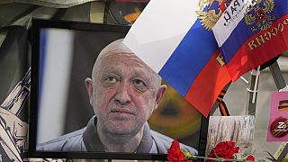 A portrait of the owner of private military company Wagner Group Yevgeny Prigozhin lays at an informal street memorial near the Kremlin in Moscow, Russia.