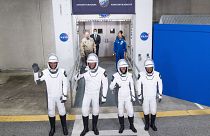 Я.Могбели, А.Могенсен, К.Борисов и С.Фурукава перед стартом. 27 августа 2023 г. SpaceX Crew-7 с четырьмя астронавтами из разных стран пристыковался к МКС.