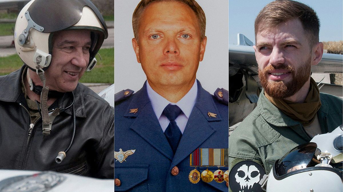 Die drei bei dem Absturz gestorbenen ukrainischen Piloten. Rechts im Bild Andrij Pilschtschykow alias "Juice"