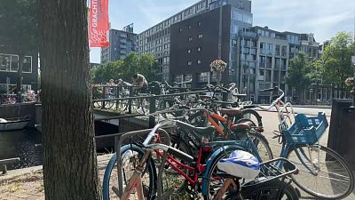 FILE - Bicycles locked up haphazardly in Amsterdam