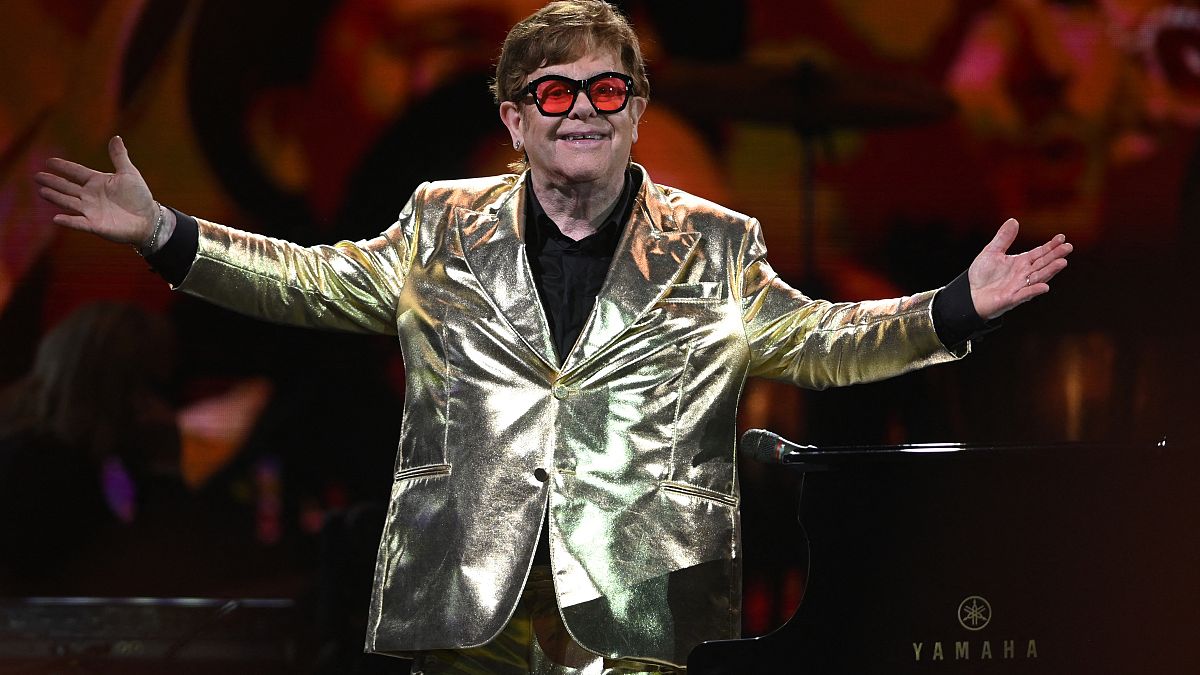 Elton John performs on the Pyramid Stage on day 5 of the Glastonbury festival, on 25 June 2023