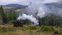 A steam train drives through the 'Harz' forest at the 1,142-meter (3,743 feet) high Brocken mountain near Elend, Germany, Monday, Aug. 7, 2023.