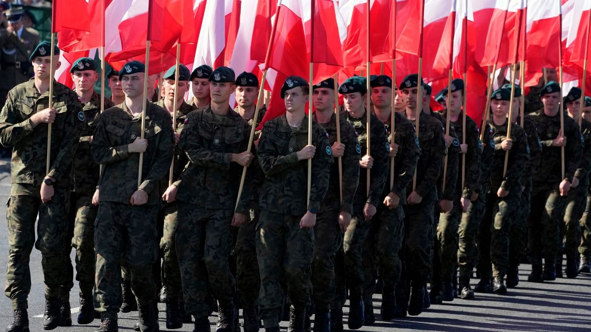 Members of the new voluntary Territorial Defense Troops march with Poland's national flags in a massive military parade to celebrate the Polish Army Day on 15 August, 2023.