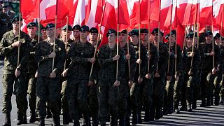 Members of the new voluntary Territorial Defense Troops march with Poland's national flags in a massive military parade to celebrate the Polish Army Day on 15 August, 2023.