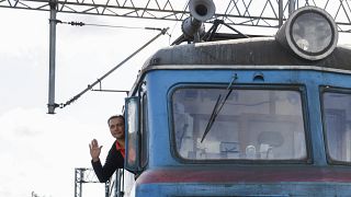 Train driver poses at Przemysl train station after driving the heads of state of France, Germany and Italy from Poland to Ukraine and back. 17 June 2022