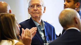 U.S. Senate Minority Leader Mitch McConnell, R-Ky., before taking the podium to speak at the NKY Chamber of Commerce at the Madison Event Center, Wednesday, Aug. 30, 2023.