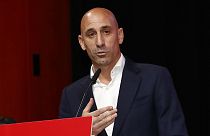 FILE - The president of the Spanish soccer federation Luis Rubiales speaks during an emergency general assembly meeting in Las Rozas, Spain, Friday Aug. 25, 2023.