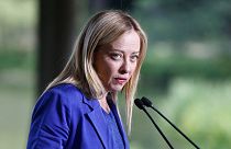 Italy's Prime Minister Giorgia Meloni attends a joint press conference with the Polish Prime Minister at Lazienki Park in Warsaw, Poland, on July 5, 2023.