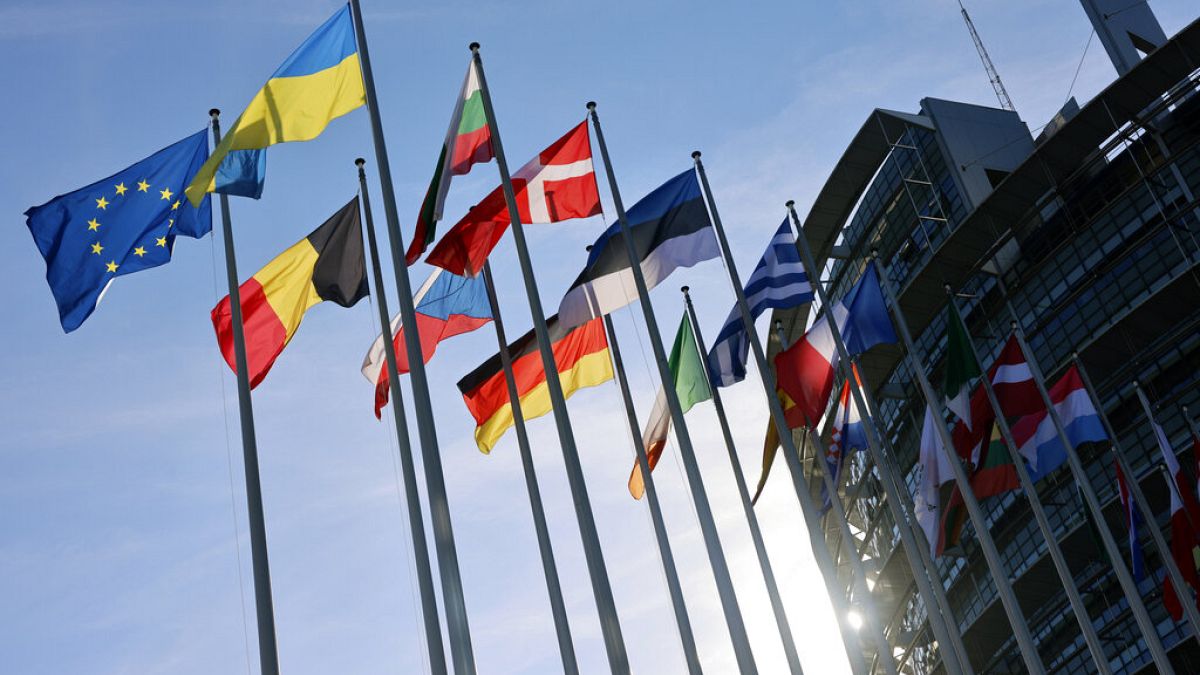 Le bandiere dei Paesi Ue davanti al Parlamento europeo a Strasburgo.