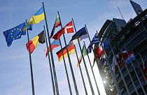 Флаги Евросоюза и стран-членов у здания Европарламента