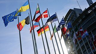 Флаги Евросоюза и стран-членов у здания Европарламента