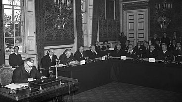 FILE - Foreign Ministers of European countries during the signing of the Statute of the Council of Europe, at St. Jame's Palace, London, on May 5, 1949. 