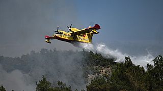 Пожарный самолёт сбрасывает воду на горящий лес