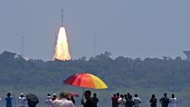 People watch as the PSLV XL rocket carrying the Aditya-L1 spacecraft is launched from the Satish Dhawan Space Centre in Sriharikota 