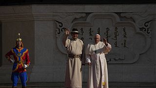 Mongolian President Ukhnaagin Khurelsukh, left, and Pope Francis meet, Saturday, Sept. 2, 2023.