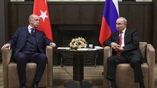 Реджеп Тайип Эрдоган и Владимир Путин во время встречи в резиденции Бочаров Ручей в Сочи