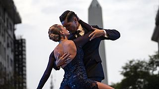 Evgeniia Samoilova and Luis Squicciarini compete in the Tango World Championship final round of the salon category, in Buenos Aires, Argentina, Saturday, Sept. 2, 2023.