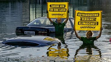Activists of environmental organisation Greenpeace have drowned cars in a small lake at the first day of the IAA Mobility car showin Munich, Germany, Monday, Sept. 4, 2023. 