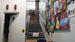 A taped off section inside an affected primary school in Leicester, England