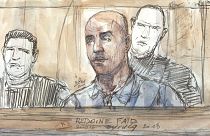 تصویری گرافیکی از رضوان فاید، مجرم سابقه‌دار فرانسوی که برای فرار سازمان یافته با هلی‌کوپتر از زندان محاکمه می‌شود