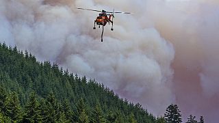 A helicopter flies between the Bedrock Fire and nearby Fall Creek to get a load of water as the wildfire burns east of Eugene, Ore.