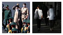 Женщины без платков на улицах Ирана (справа), верховный лидер страны Али Хаменеи (слева)