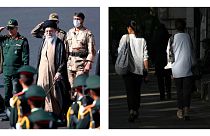 Mulheres sem lenço na cabeça nas ruas do Irão (à direita), o líder supremo do país, Ali Khamenei (à esquerda)