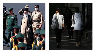 Women without headscarves in streets of Iran (right), Country's supreme leader Ali Khamenei (left)
