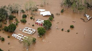 Several buildings almost completely submerged by flood waters in Muçum, Rio Grande do Sul State, Brazil