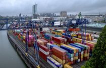 Containers are pictured in the harbor in Frankfurt, Germany, Friday, July 28, 2023.