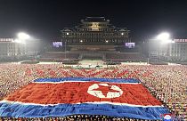 FILE - A huge North Korean flag is displayed during a celebration of the nation's 73rd anniversary at Kim Il Sung Square