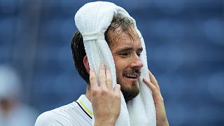 Daniil Medvedev cools off after defeating Andrey Rublev during the quarterfinals of the US Open tennis championships.