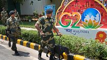 Hindistan'ın Yeni Delhi kentinde bu hafta yapılacak G20 ülkeleri zirvesi öncesinde, 7 Eylül 2023, Perşembe günü, Hintli paramiliter askerler, bir koklayıcı köpekle birlikte zirvenin yapılacağı alanın yakınlarını arıyor.