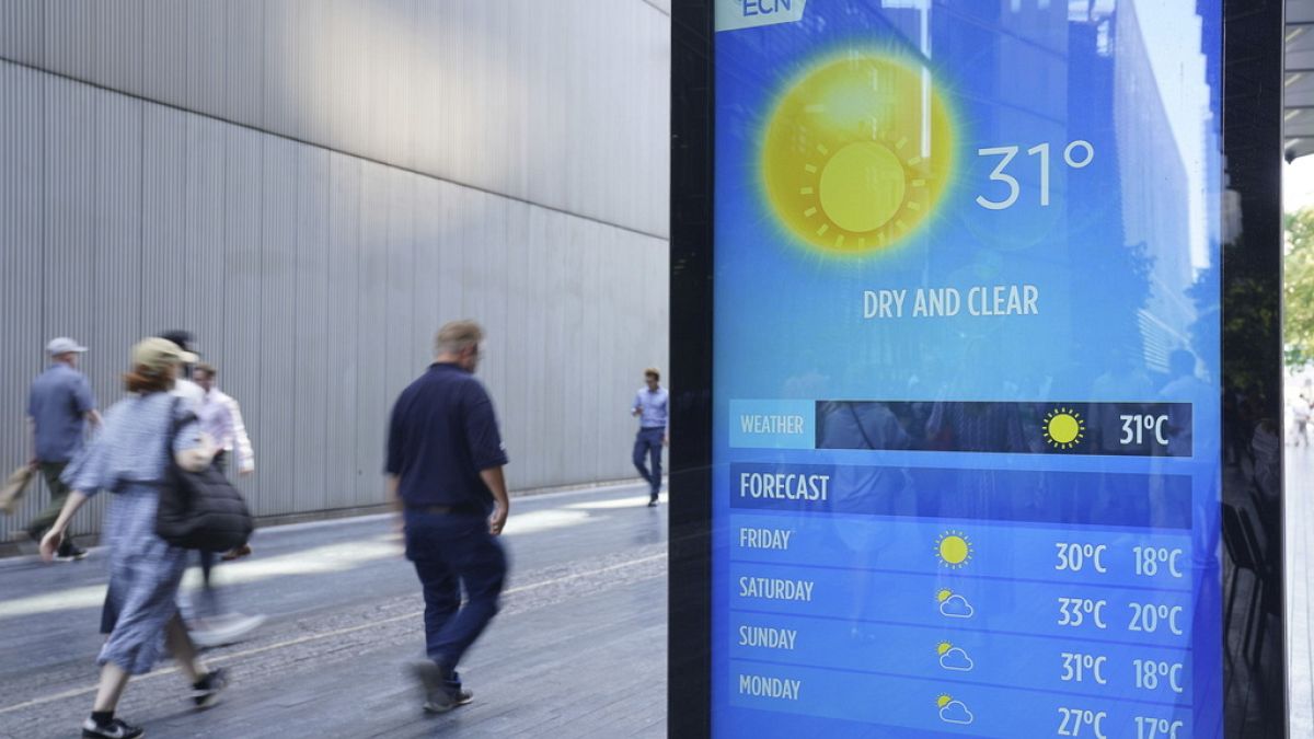 People walking past a weather report in Tower Bridge, London, England, Thursday Sept. 7, 2023 