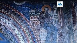 Részlet a görög-albán-észak-macedón határnál található templom freskóiból