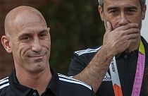  President of Spain's soccer federation, Luis Rubiales, foreground, stands stands next to Spain Head Coach Jorge Vilda.