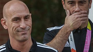  President of Spain's soccer federation, Luis Rubiales, foreground, stands stands next to Spain Head Coach Jorge Vilda.