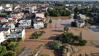Floodwaters cover a suburb after the country's record rainstorm, in Larissa, Thessaly region, central Greece, Friday, Sept. 8, 2023.