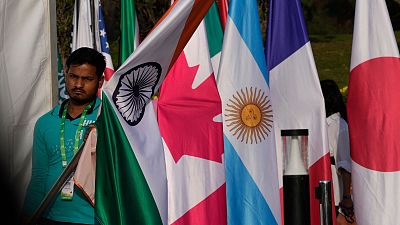 یک نفر در حال قرار دادن پرچم کشورهای شرکت کننده در اجلاس وزرای خارجه گروه بیست در هند در مارس ۲۰۲۳