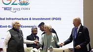 Die Präsidentin der Europäischen Kommission Ursula von der Leyen, US-Präsident Joe Biden und der indische Premierminister Narendra Modi erwarten den G20-Gipfel in Neu Delhi, Indien, Sept.9, 2023.