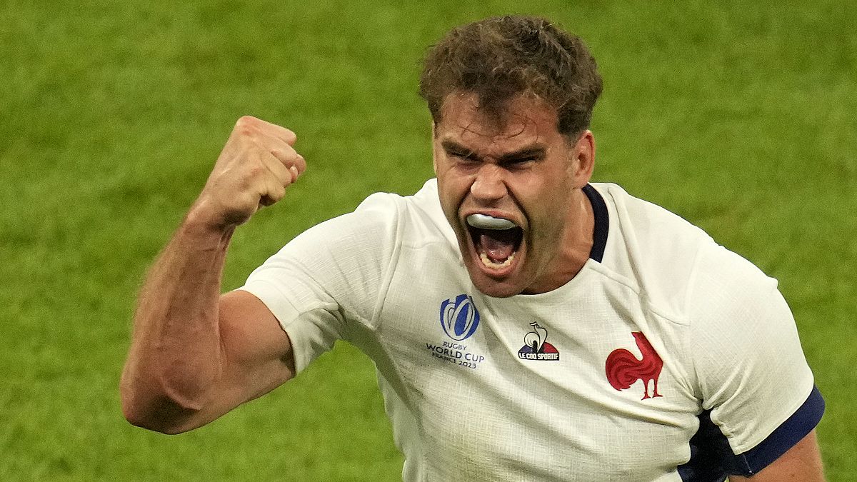 France's Damian Penaud during the Rugby World Cup match between France and New Zealand at the Stade de France in Saint-Denis, Friday, Sept. 8, 2023.