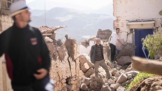 Maisons endommagées après un tremblement de terre dans le village de Moulay Brahim, près de Marrakech, au Maroc, le samedi 9 septembre 2023.