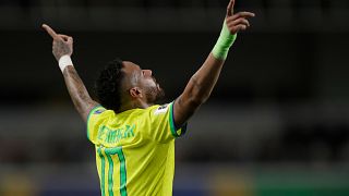Brazil's Neymar celebrates scoring his side's 5th goal against Bolivia during a qualifying soccer match for the FIFA World Cup 2026 at Mangueirao stadium in Belem, Brazil.