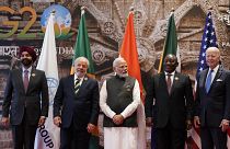 Le président de la Banque mondiale Ajay Banga, le président brésilien Luiz Inacio Lula da Silva, le Premier ministre indien Narendra Modi, le président sud-africain Cyril Rama